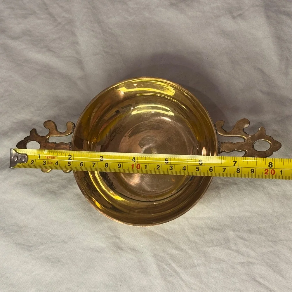 Vintage Brass Decorative Bowl with Ornate Scroll Handles Made in India 4.5